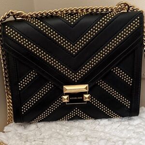 Michael Kors Black and Gold Whitney Large Studded Convertible Shoulder Bag